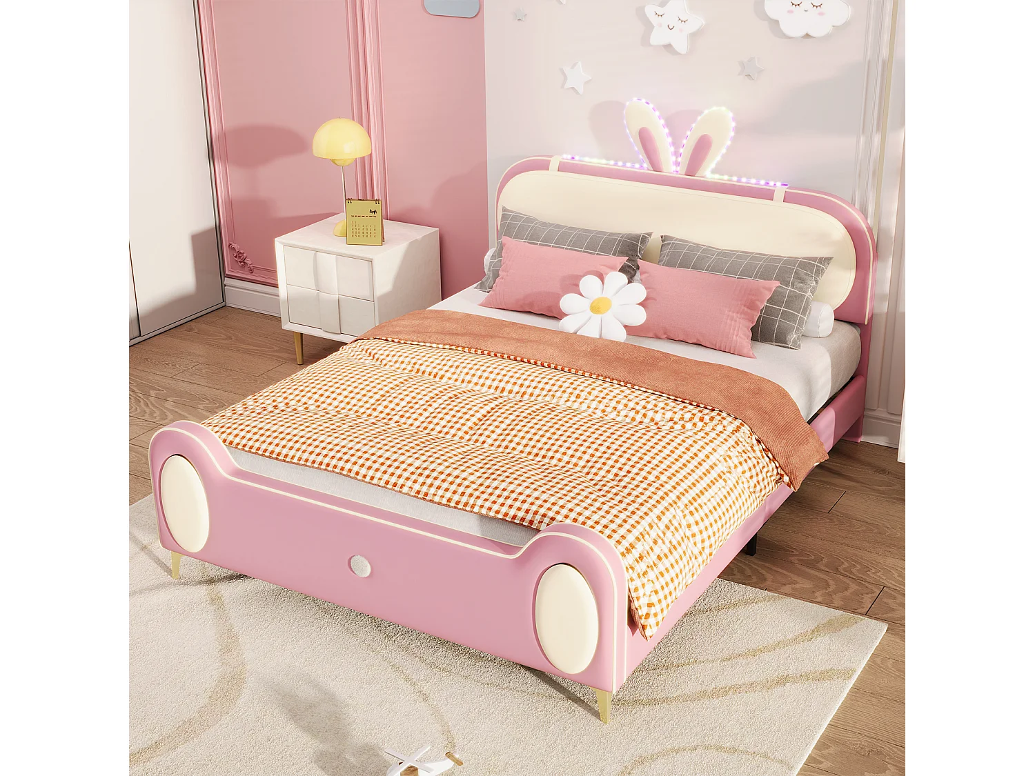 Lit enfant 140x200cm, cadre en bois massif avec sommier à lattes et tête de lit lapin, avec bandes LED, cuir PU, beige + rose