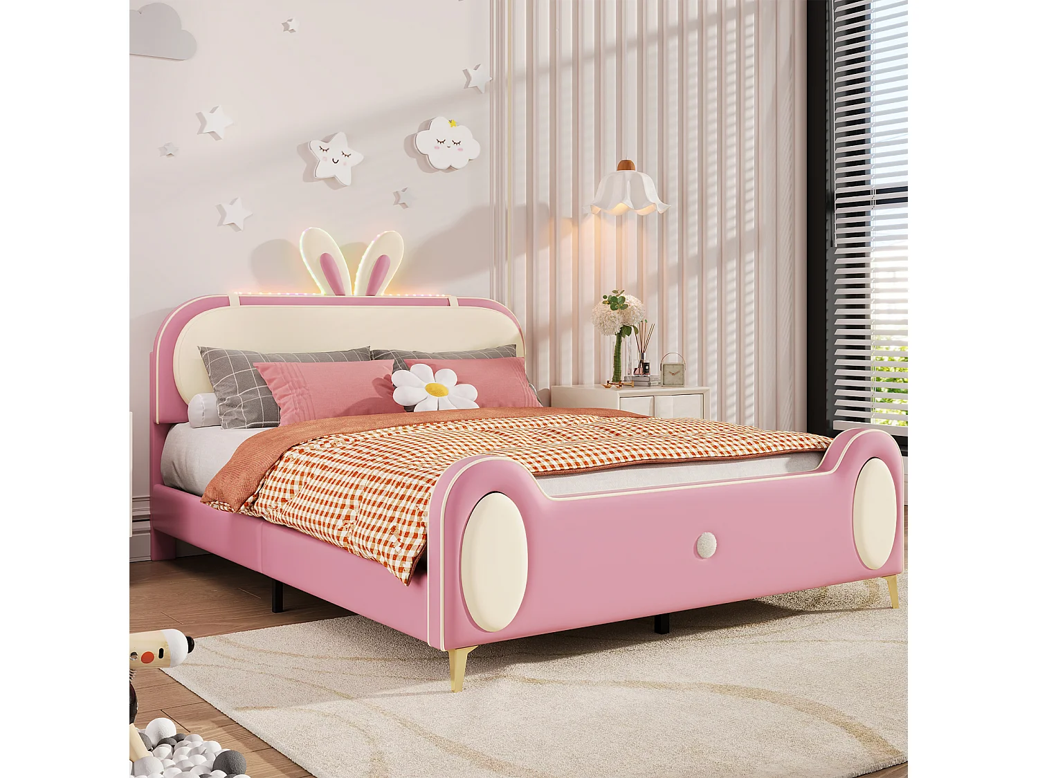 Lit enfant 140x200cm, cadre en bois massif avec sommier à lattes et tête de lit lapin, avec bandes LED, cuir PU, beige + rose