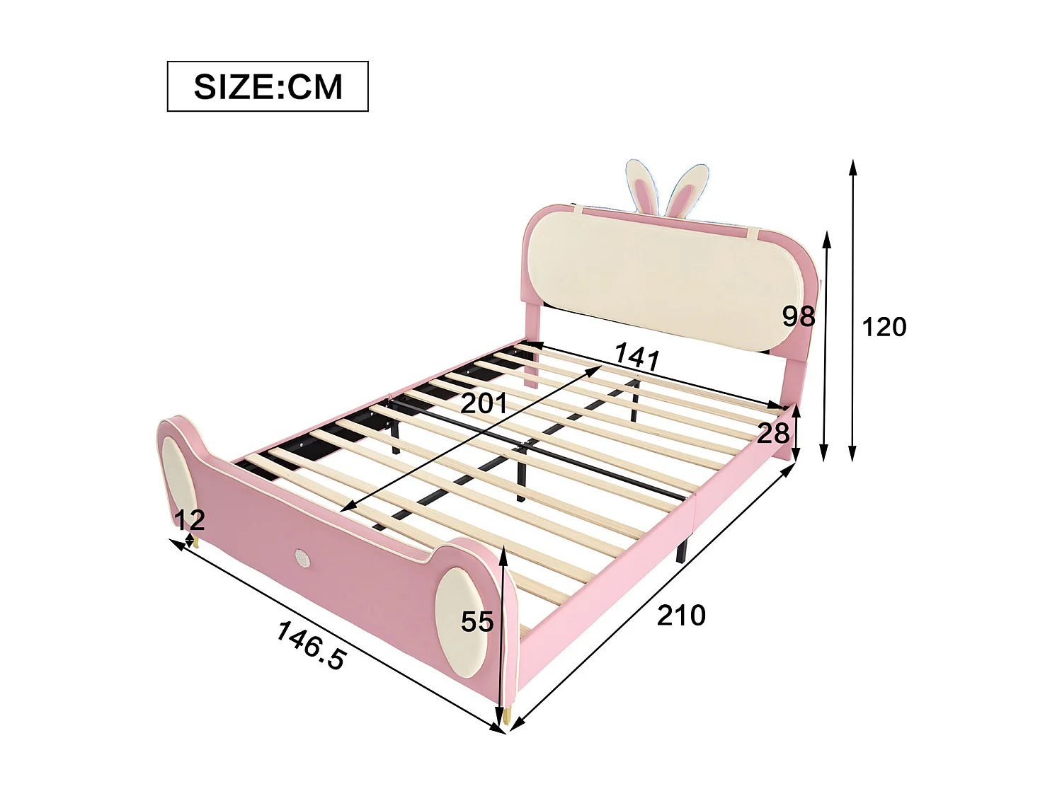 Lit enfant 140x200cm, cadre en bois massif avec sommier à lattes et tête de lit lapin, avec bandes LED, cuir PU, beige + rose