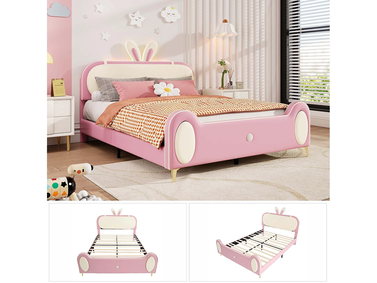 Lit enfant 140x200cm, cadre en bois massif avec sommier à lattes et tête de lit lapin, avec bandes LED, cuir PU, beige + rose