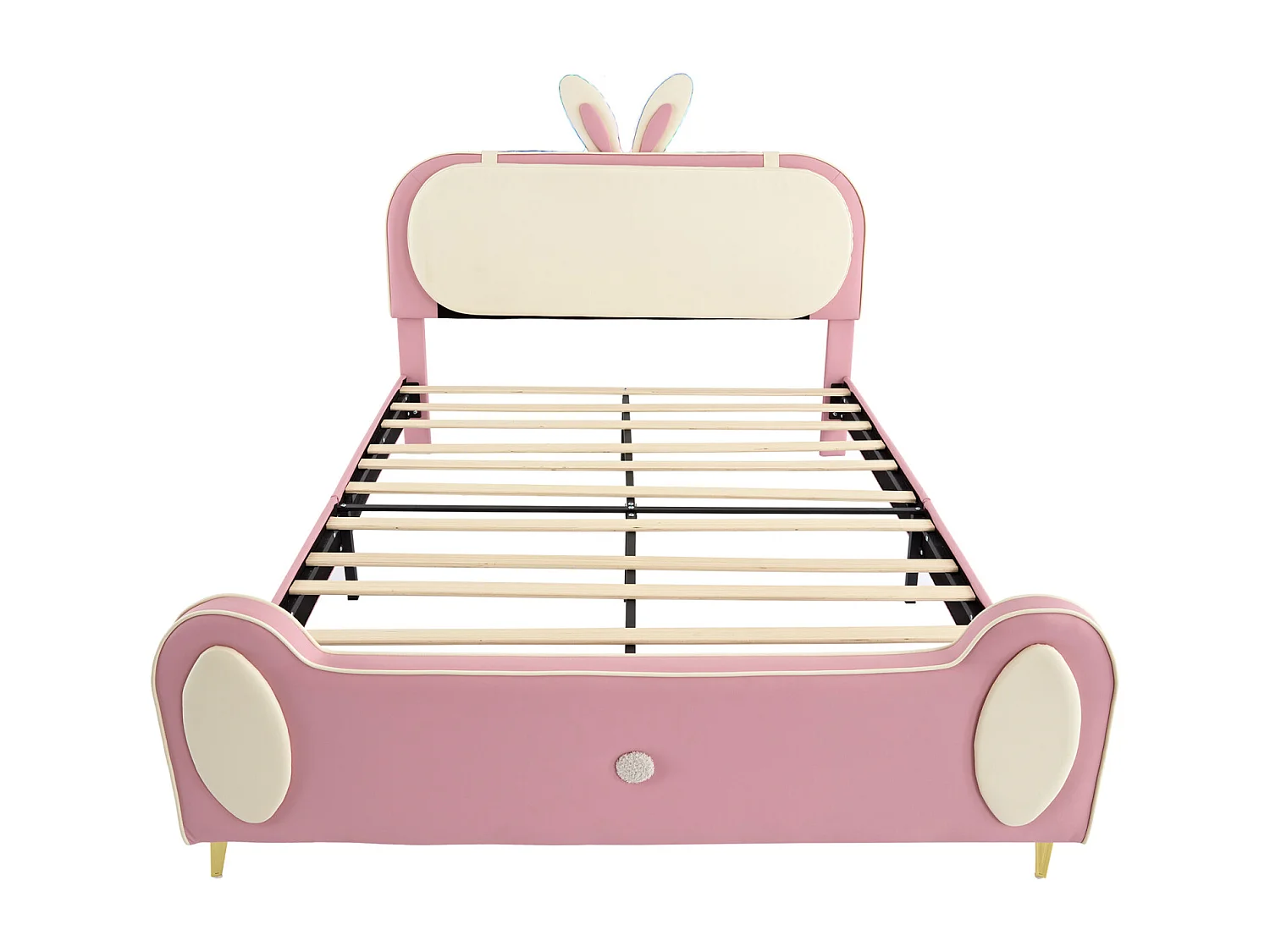 Lit enfant 140x200cm, cadre en bois massif avec sommier à lattes et tête de lit lapin, avec bandes LED, cuir PU, beige + rose