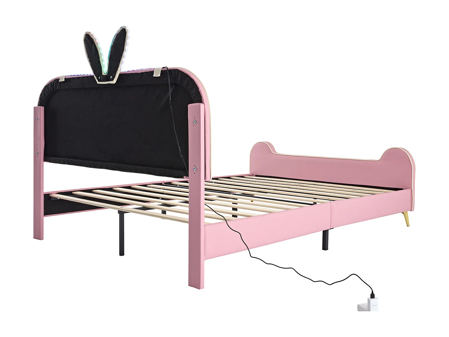 Lit enfant 140x200cm, cadre en bois massif avec sommier à lattes et tête de lit lapin, avec bandes LED, cuir PU, beige + rose