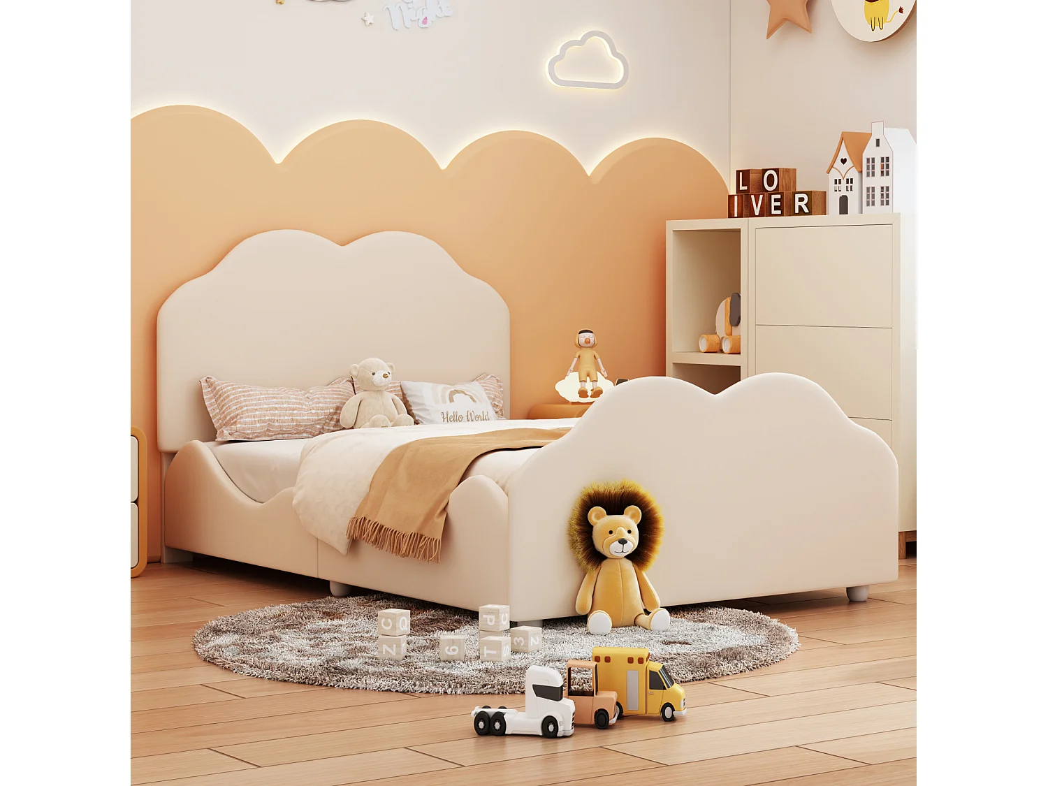 Lit simple 90x200cm, lit enfant avec sommier à lattes et tête et pied de lit en forme de nuage, lit en velours beige