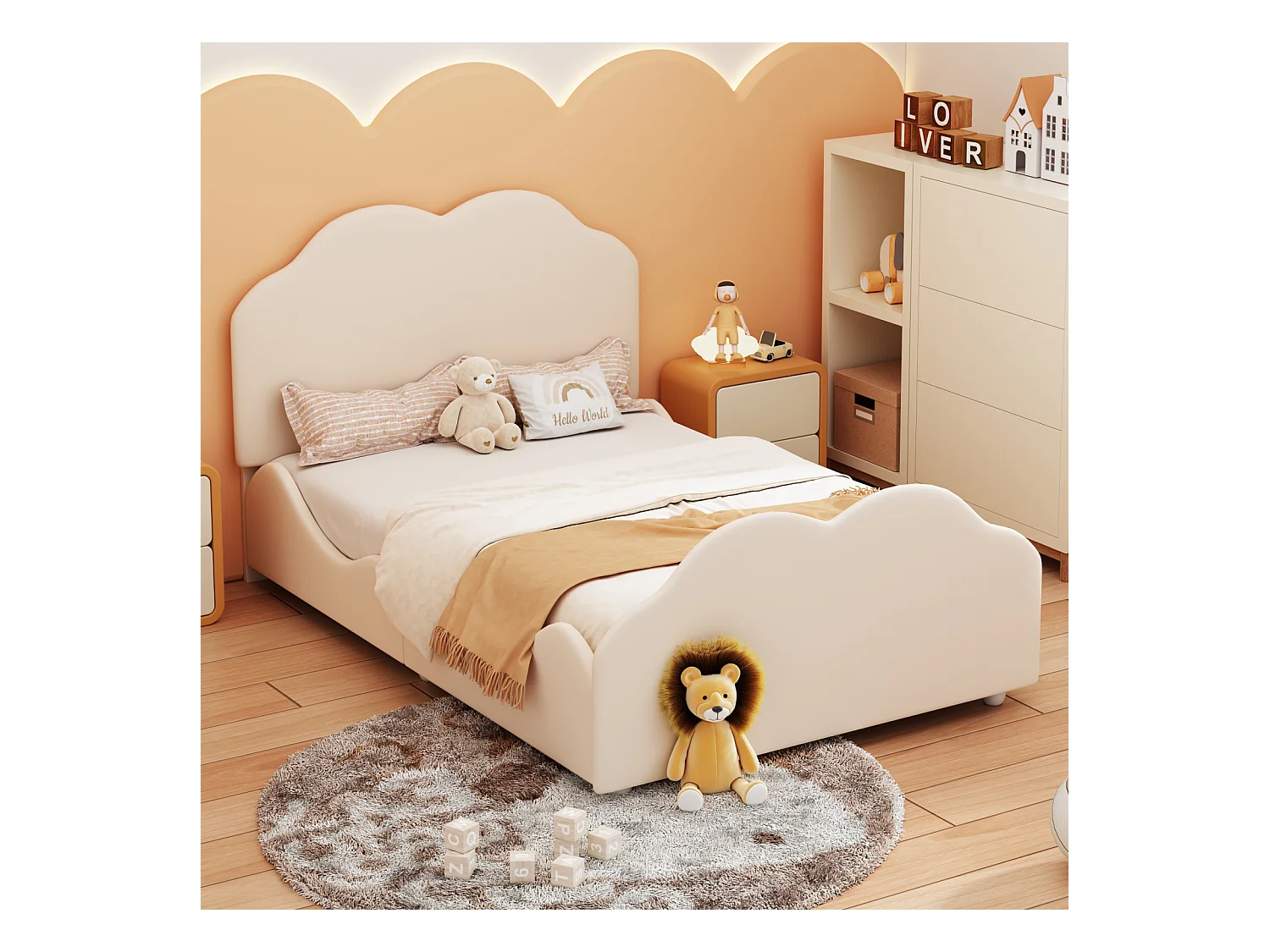 Lit simple 90x200cm, lit enfant avec sommier à lattes et tête et pied de lit en forme de nuage, lit en velours beige