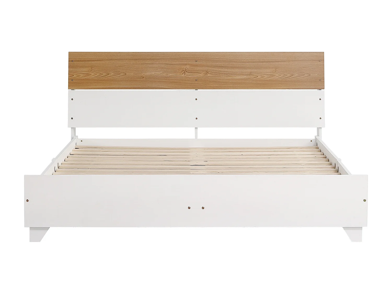 Tweepersoonsbed 160x200cm, volwassen bed met lattenbodem en hoofdbord, grenen + MDF + meerlaags plaat, wit + naturel