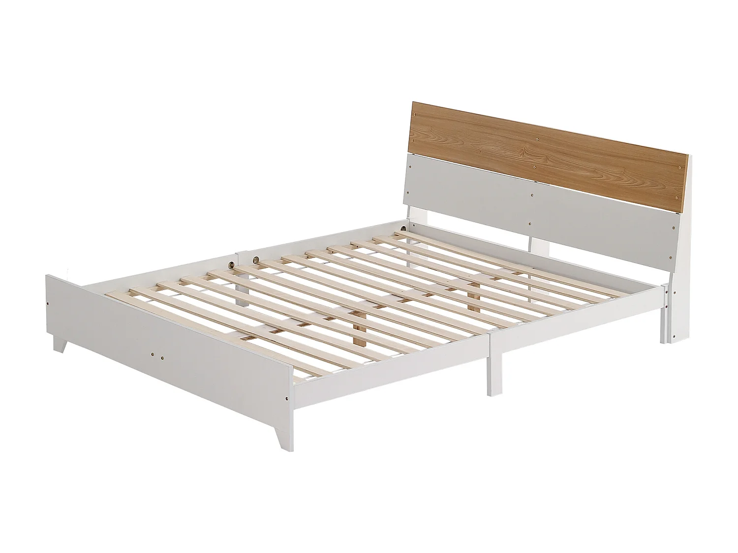 Tweepersoonsbed 160x200cm, volwassen bed met lattenbodem en hoofdbord, grenen + MDF + meerlaags plaat, wit + naturel