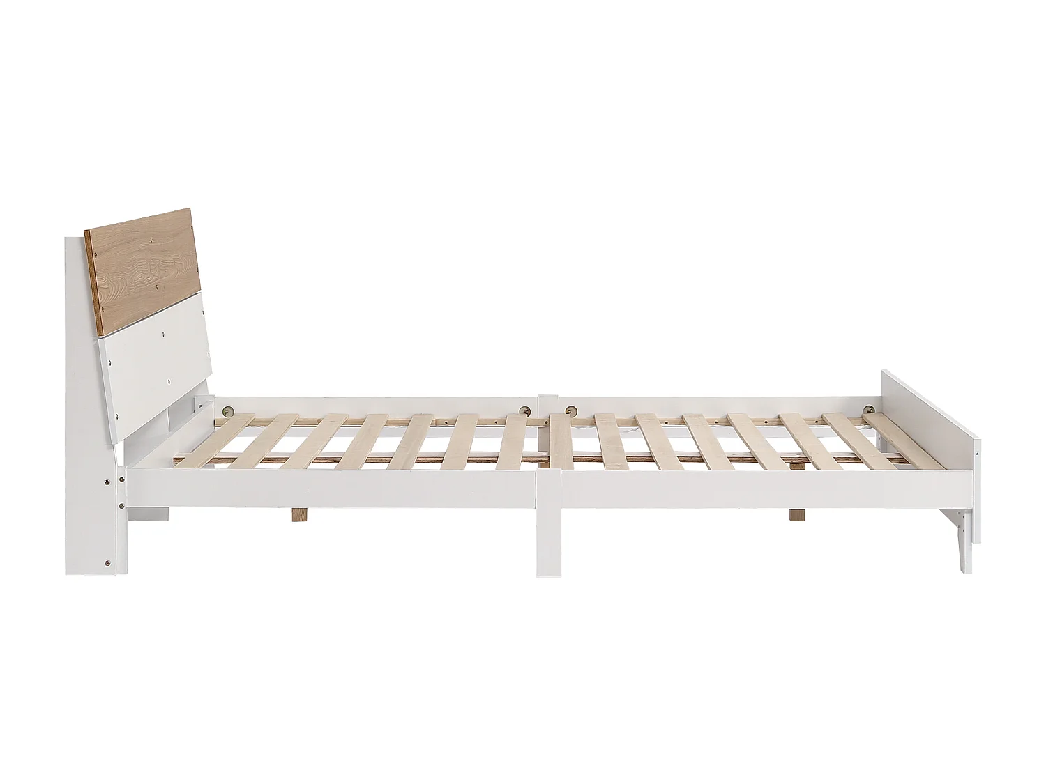 Tweepersoonsbed 160x200cm, volwassen bed met lattenbodem en hoofdbord, grenen + MDF + meerlaags plaat, wit + naturel