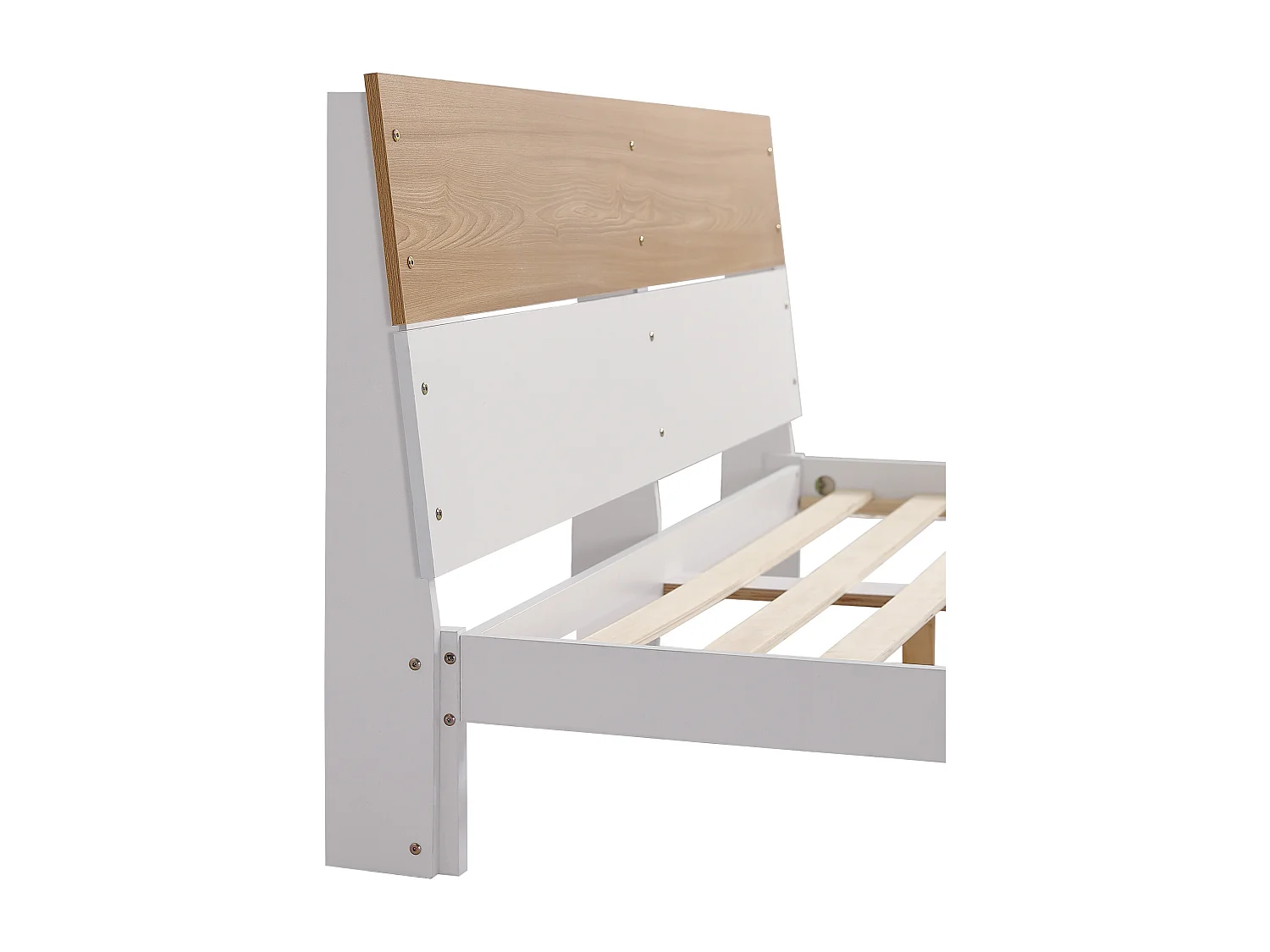 Tweepersoonsbed 160x200cm, volwassen bed met lattenbodem en hoofdbord, grenen + MDF + meerlaags plaat, wit + naturel