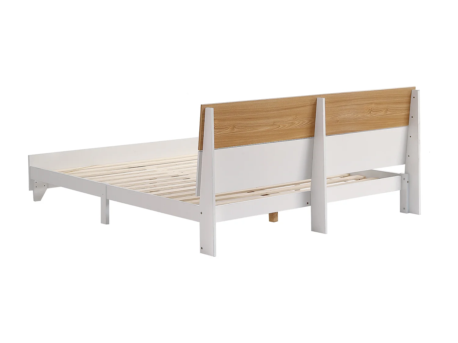 Tweepersoonsbed 160x200cm, volwassen bed met lattenbodem en hoofdbord, grenen + MDF + meerlaags plaat, wit + naturel