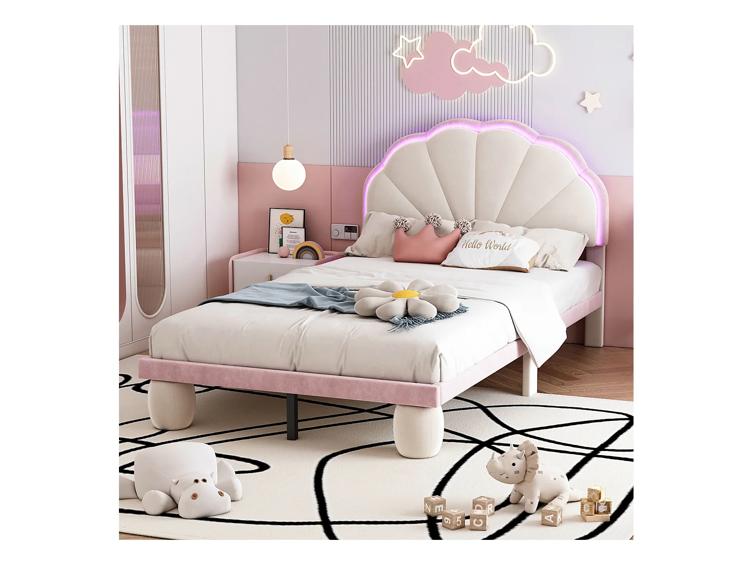 Lit simple d'enfant 90x200cm avec bandes lumineuses LED, lit plat velours avec sommier à lattes et tête de lit ondulée, beige+rose