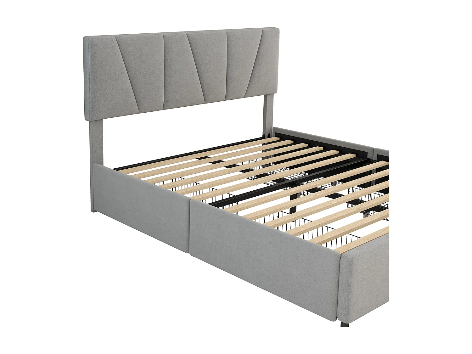 Lit adulte 160x200cm en tissu velours - avec 4 tiroirs - tête de lit réglable et sommier à lattes - Gris