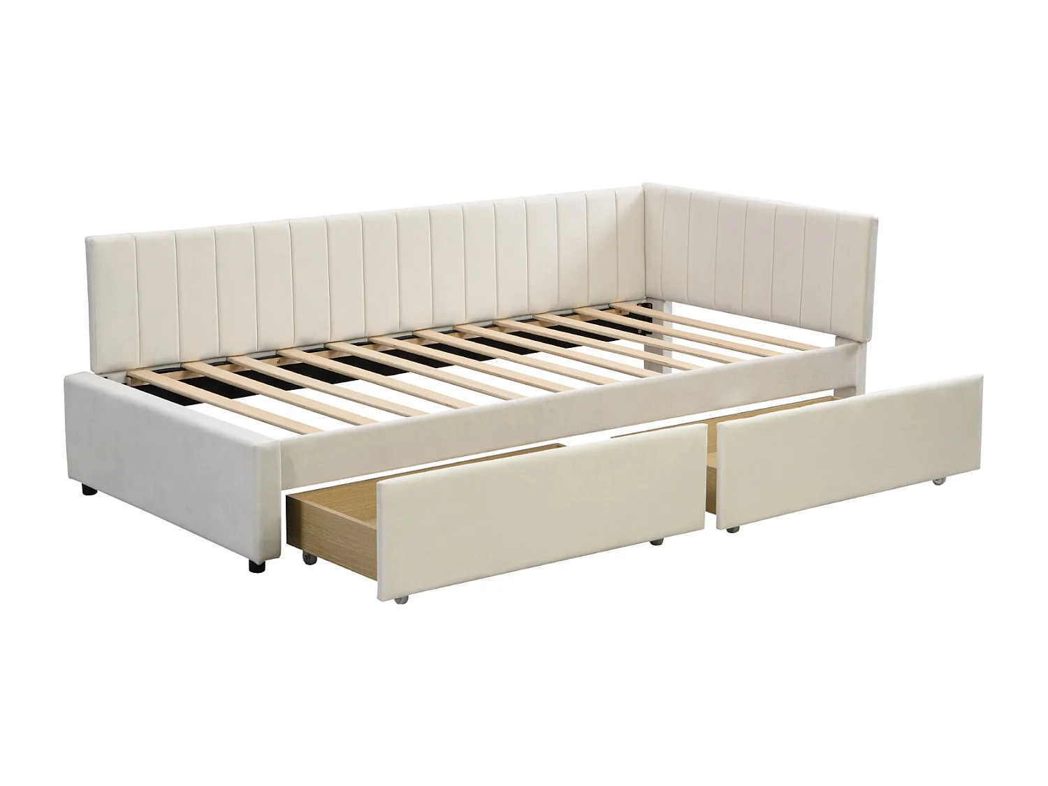 Kinderbed 90x200cm met 2 grote lades, fluwelen bed met lattenbodem en 2 bedhekken, beige
