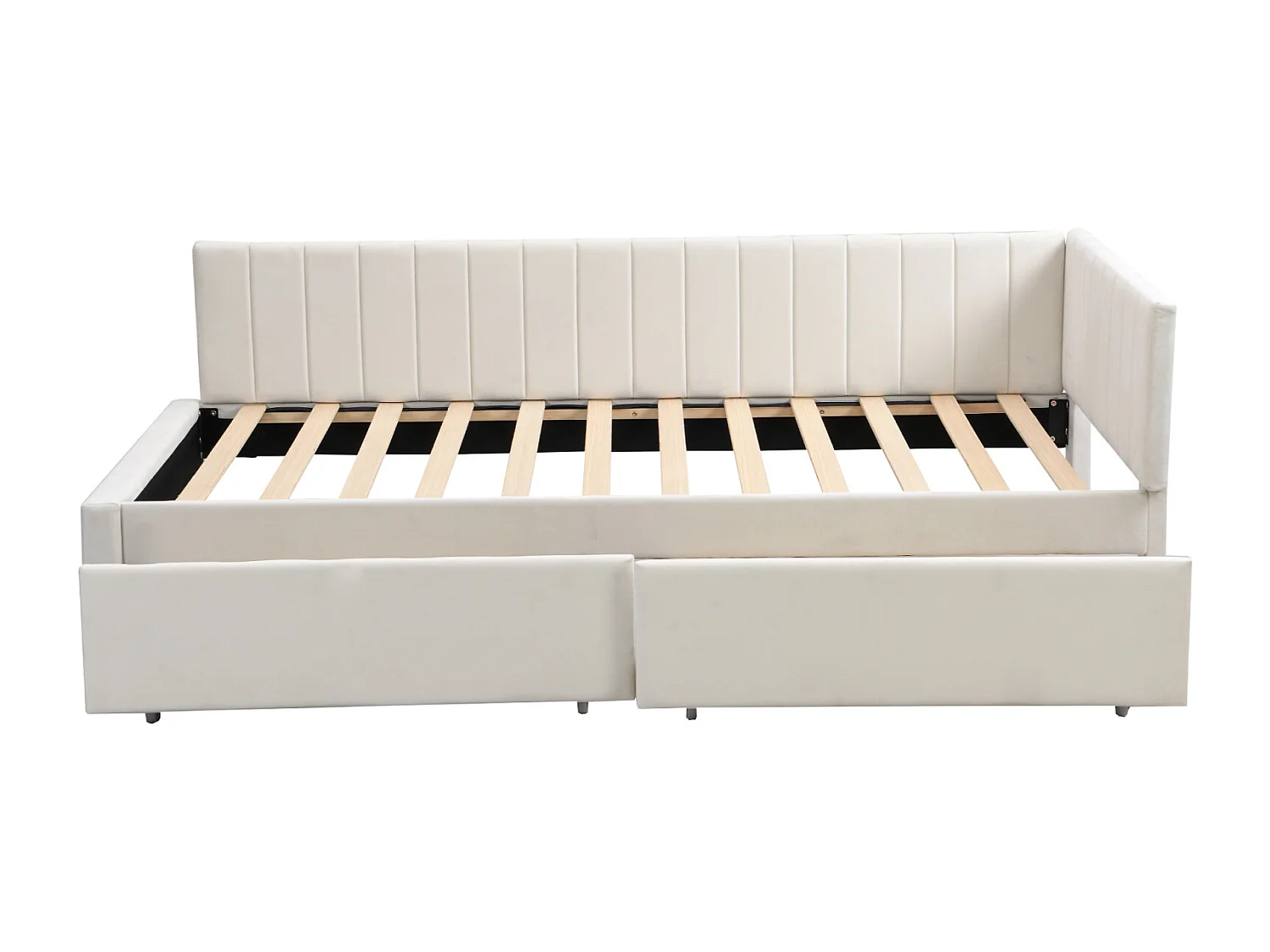 Kinderbed 90x200cm met 2 grote lades, fluwelen bed met lattenbodem en 2 bedhekken, beige