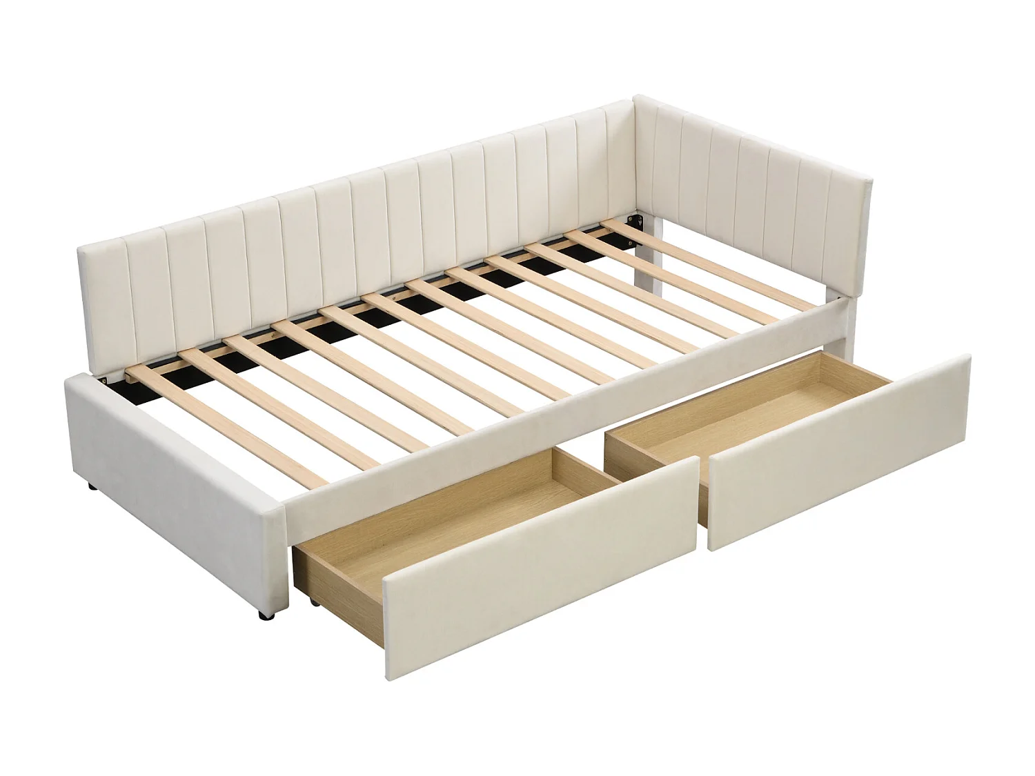 Kinderbed 90x200cm met 2 grote lades, fluwelen bed met lattenbodem en 2 bedhekken, beige