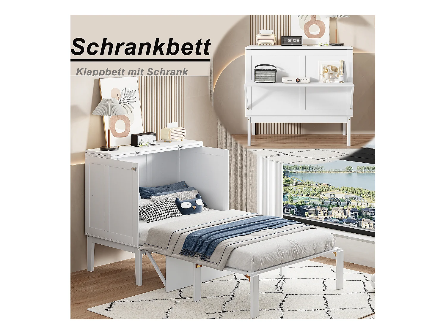 Cama abatible de 90x200 cm con somier, plegable, dimensiones una vez plegada: 70x90cm, sin colchón, madera, color blanco.