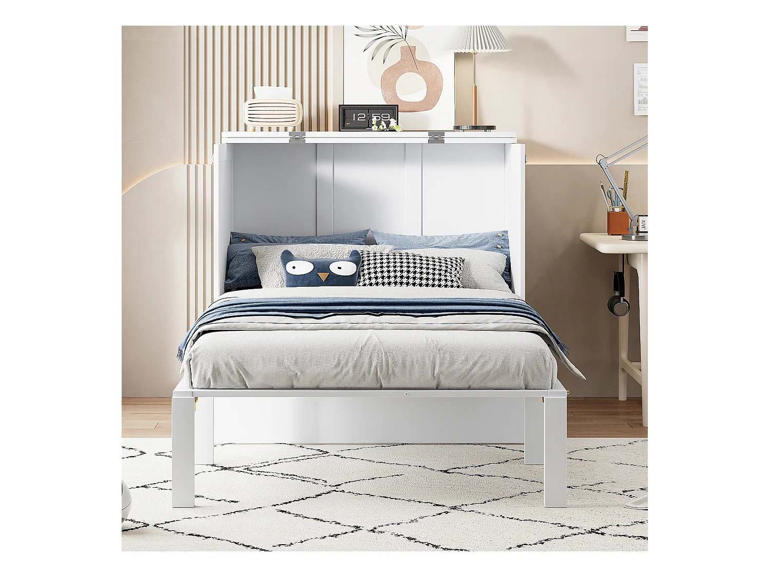 Cama abatible de 90x200 cm con somier, plegable, dimensiones una vez plegada: 70x90cm, sin colchón, madera, color blanco.