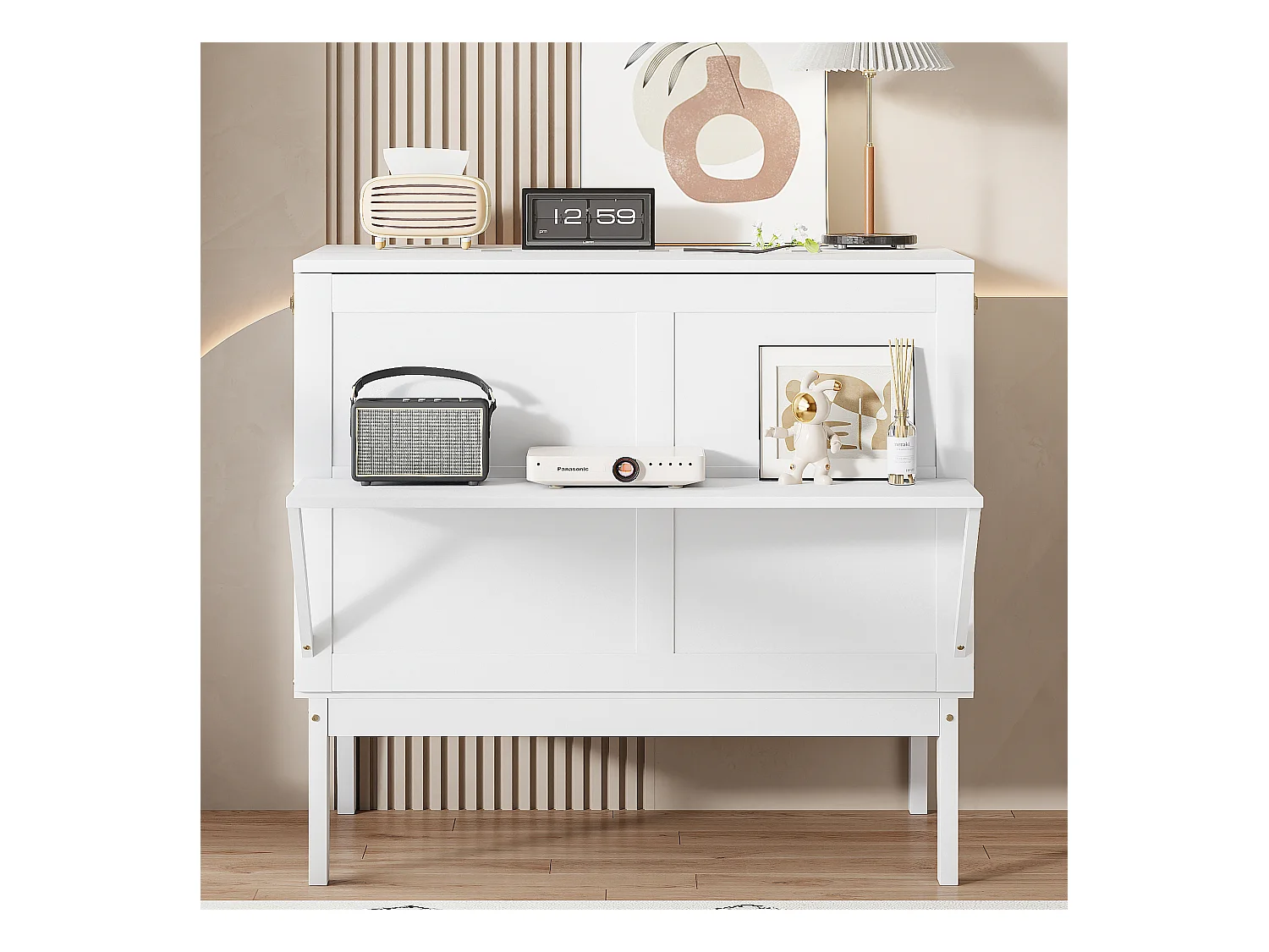 Cama abatible de 90x200 cm con somier, plegable, dimensiones una vez plegada: 70x90cm, sin colchón, madera, color blanco.