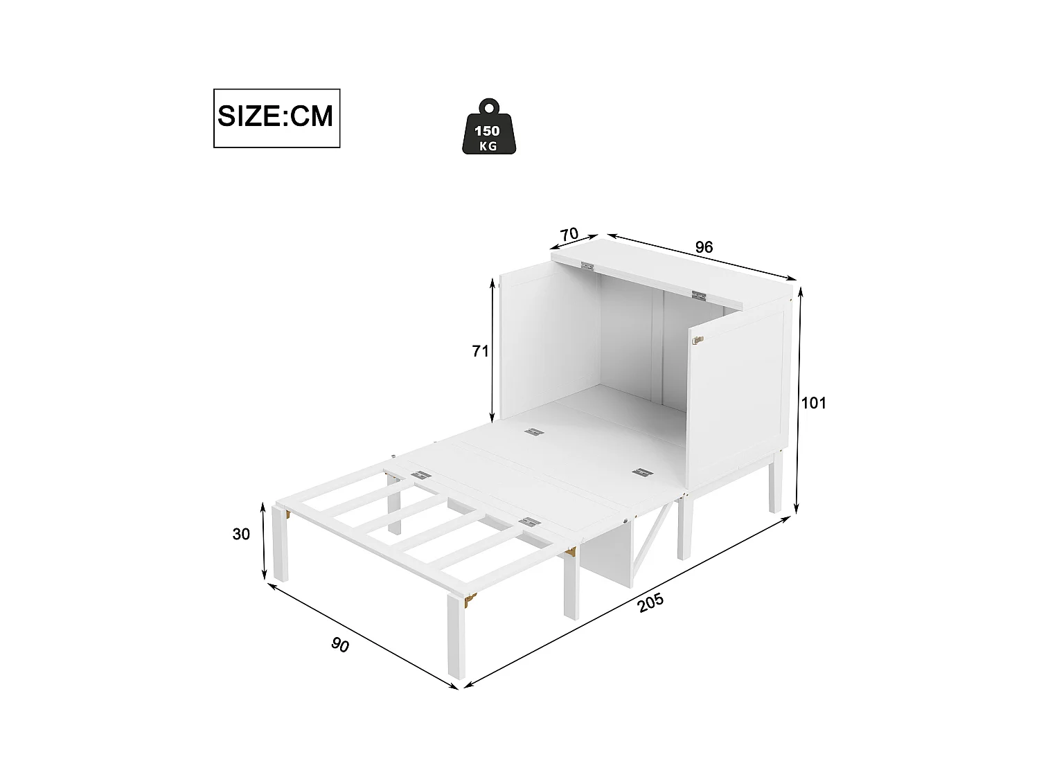 Cama abatible de 90x200 cm con somier, plegable, dimensiones una vez plegada: 70x90cm, sin colchón, madera, color blanco.