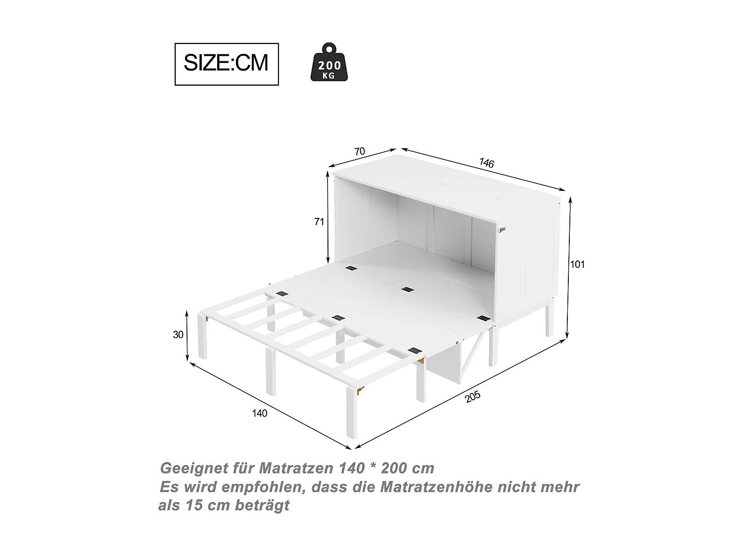 Opklapbed 140x200 cm, met lattenbodem, opklapbaar opklapbed, afmetingen na opvouwen: 70x140cm, zonder matras, hout, wit
