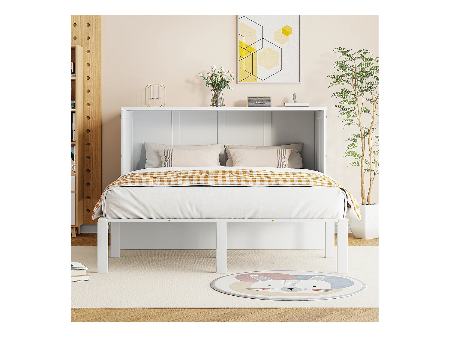 Cama abatible de 140x200 cm con somier, plegable, dimensiones una vez plegada: 70x140 cm, sin colchón, madera, color blanco.