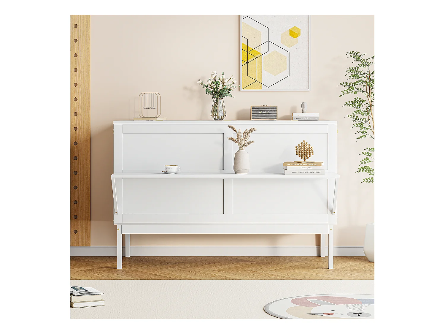 Cama abatible de 140x200 cm con somier, plegable, dimensiones una vez plegada: 70x140 cm, sin colchón, madera, color blanco.