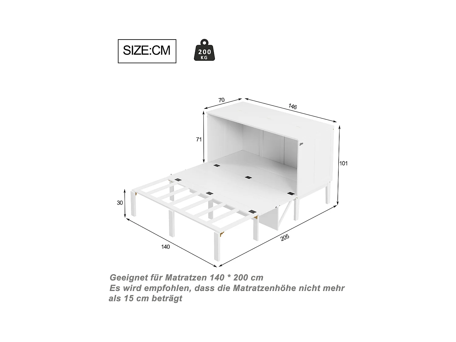 Cama abatible de 140x200 cm con somier, plegable, dimensiones una vez plegada: 70x140 cm, sin colchón, madera, color blanco.