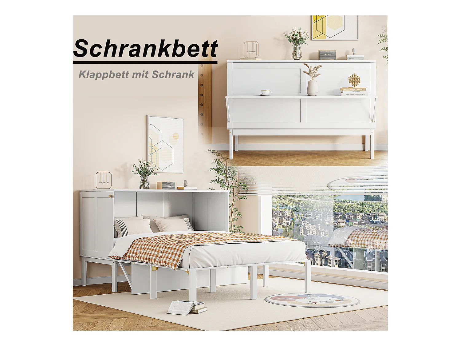 Cama abatible de 140x200 cm con somier, plegable, dimensiones una vez plegada: 70x140 cm, sin colchón, madera, color blanco.