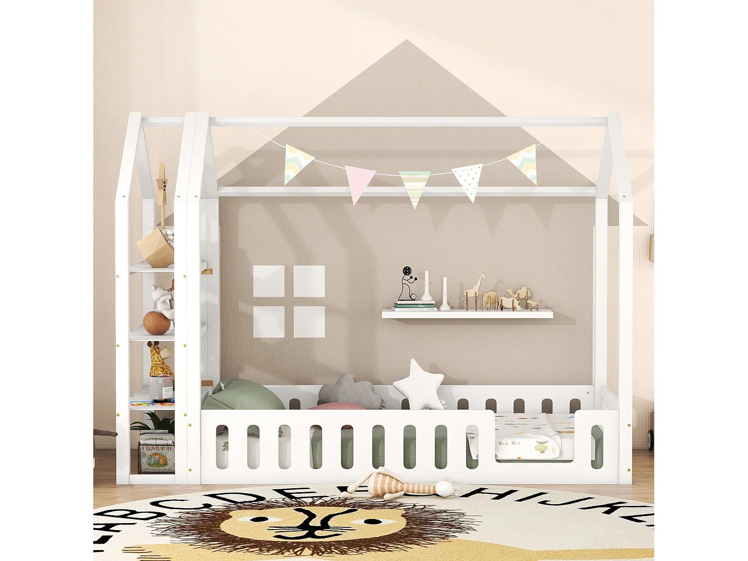 Lit cabane 90x200cm, lit d'enfant plat, lits maison avec balustrade, lit avec 3 niveaux étagères de rangement, blanc