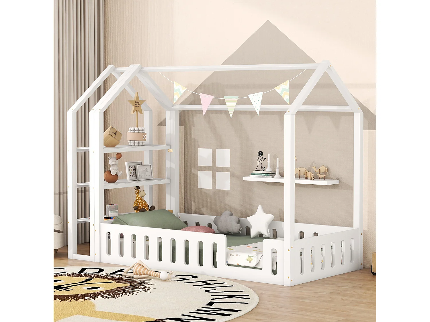 Lit cabane 90x200cm, lit d'enfant plat, lits maison avec balustrade, lit avec 3 niveaux étagères de rangement, blanc