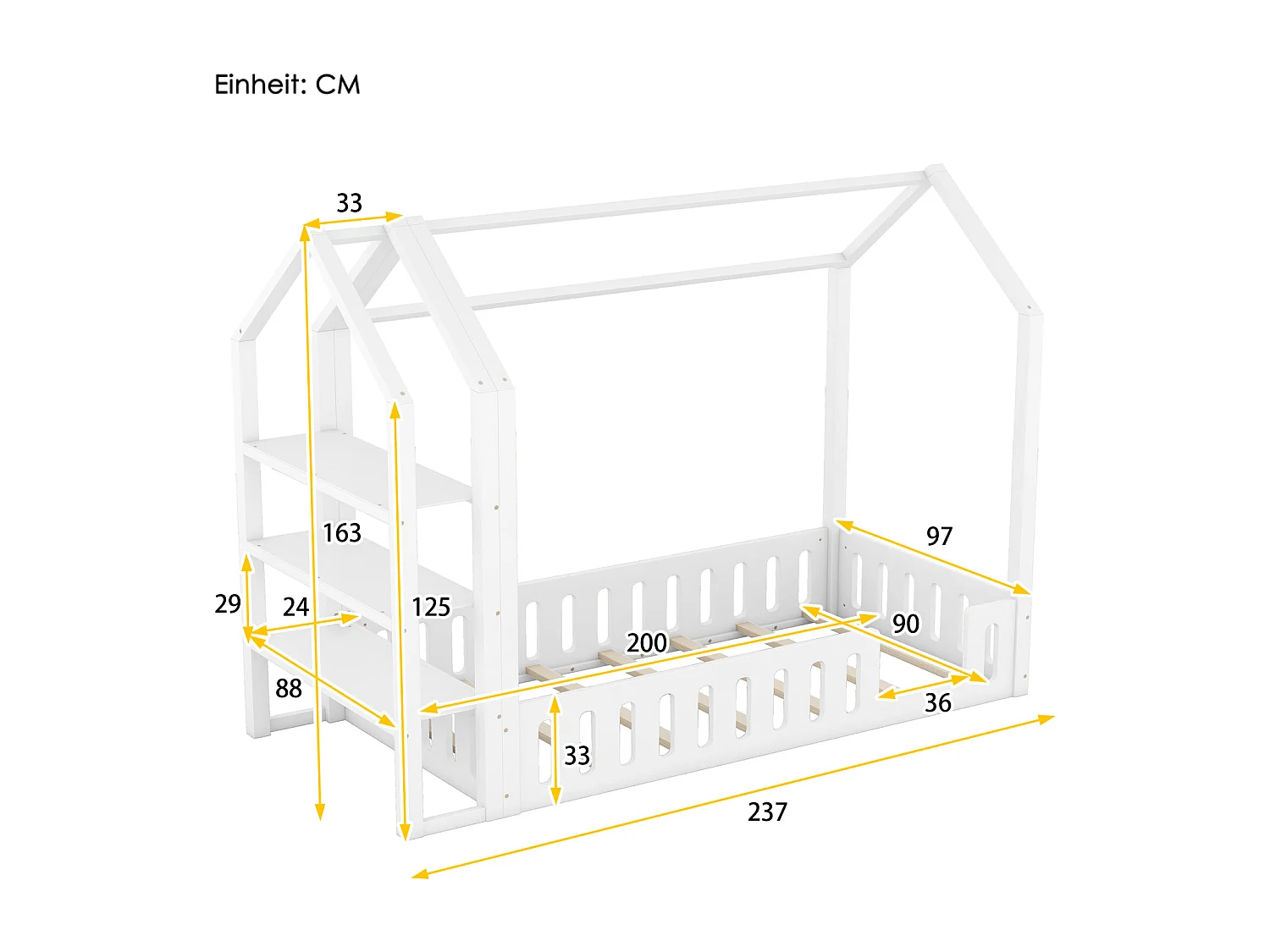 Lit cabane 90x200cm, lit d'enfant plat, lits maison avec balustrade, lit avec 3 niveaux étagères de rangement, blanc