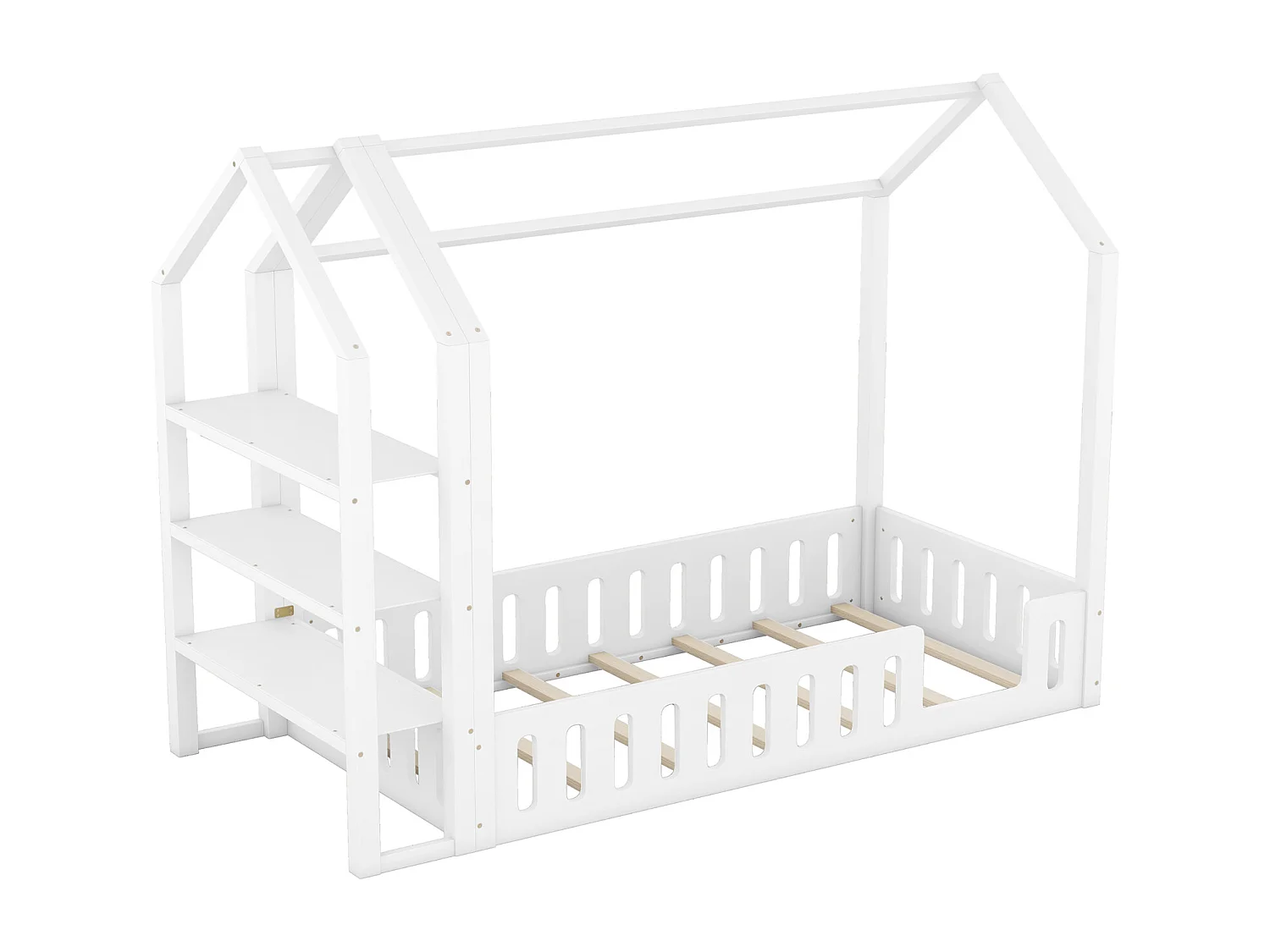 Lit cabane 90x200cm, lit d'enfant plat, lits maison avec balustrade, lit avec 3 niveaux étagères de rangement, blanc
