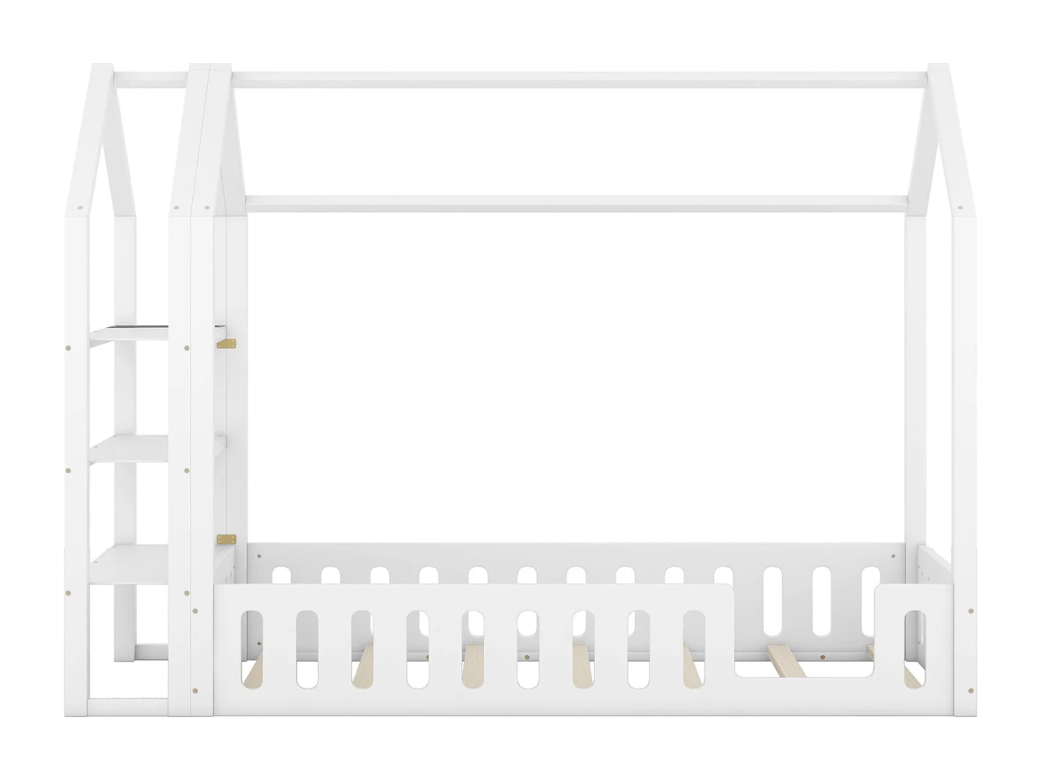 Lit cabane 90x200cm, lit d'enfant plat, lits maison avec balustrade, lit avec 3 niveaux étagères de rangement, blanc