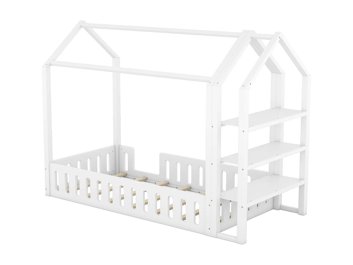 Lit cabane 90x200cm, lit d'enfant plat, lits maison avec balustrade, lit avec 3 niveaux étagères de rangement, blanc