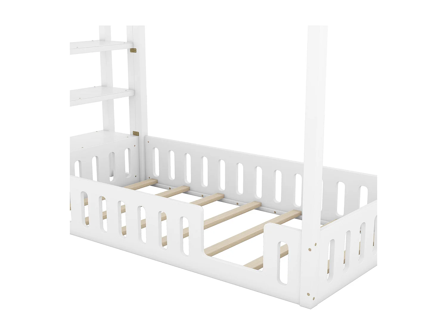 Lit cabane 90x200cm, lit d'enfant plat, lits maison avec balustrade, lit avec 3 niveaux étagères de rangement, blanc