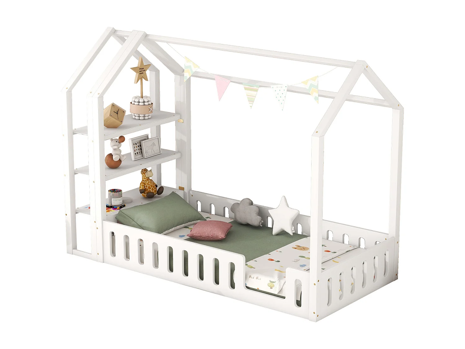 Lit cabane 90x200cm, lit d'enfant plat, lits maison avec balustrade, lit avec 3 niveaux étagères de rangement, blanc