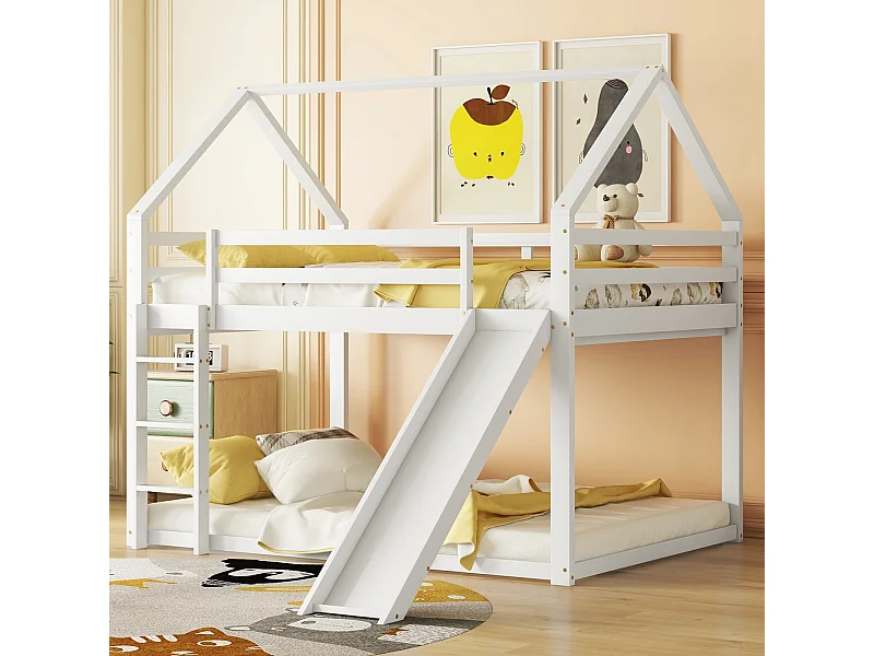 Cama infantil doble cabina 140x200cm - litera con tobogán y escalera, protección anticaídas para habitación infantil - blanco