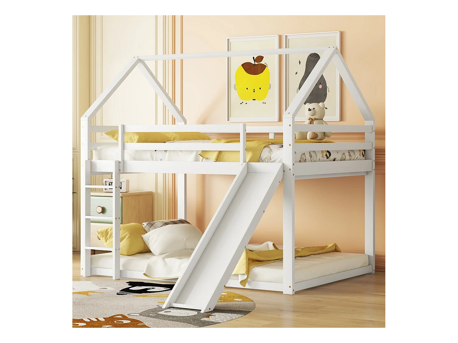 Tweepersoons kinderhutbed 140x200cm - stapelbed met glijbaan en ladder, valbeveiliging voor kinderkamer - wit