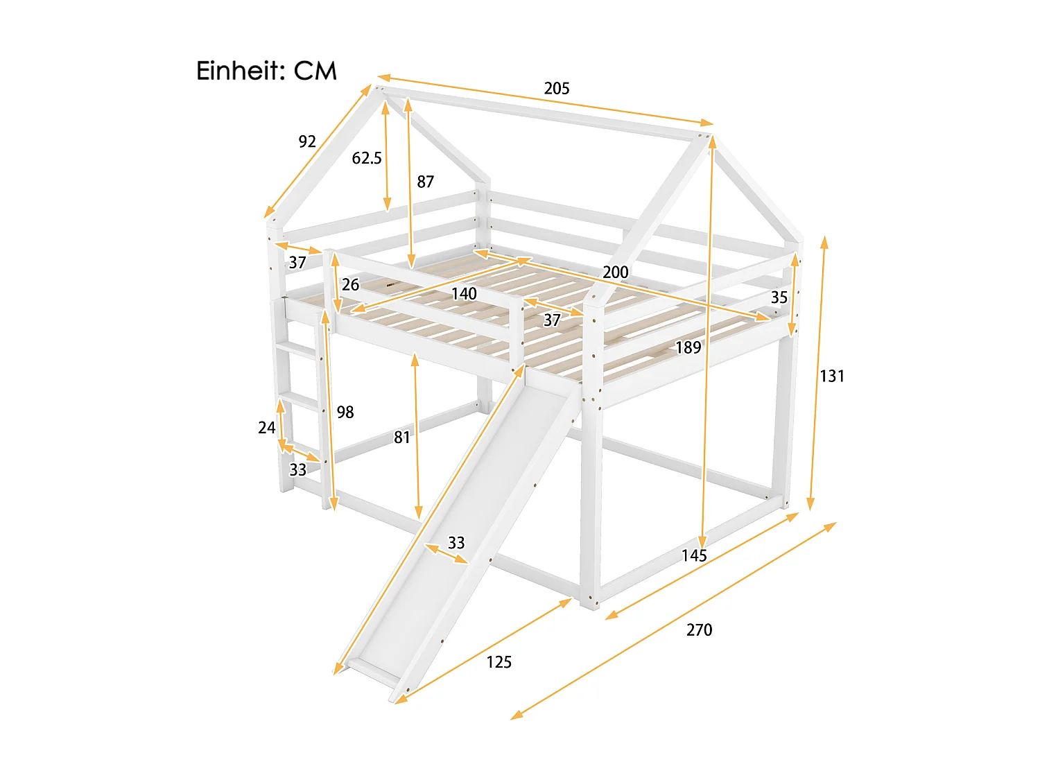 Cama infantil doble cabina 140x200cm - litera con tobogán y escalera, protección anticaídas para habitación infantil - blanco