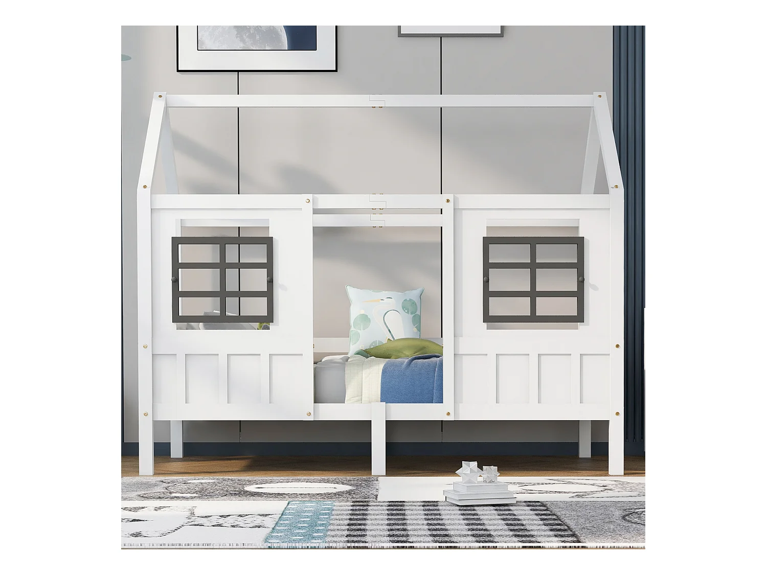 Lit Cabane 90x200cm - Lit de Maison Cadre en Pin Lit Simple MDF Lit de Jour avec 2 Fenêtres - Lit d'Enfant Blanc