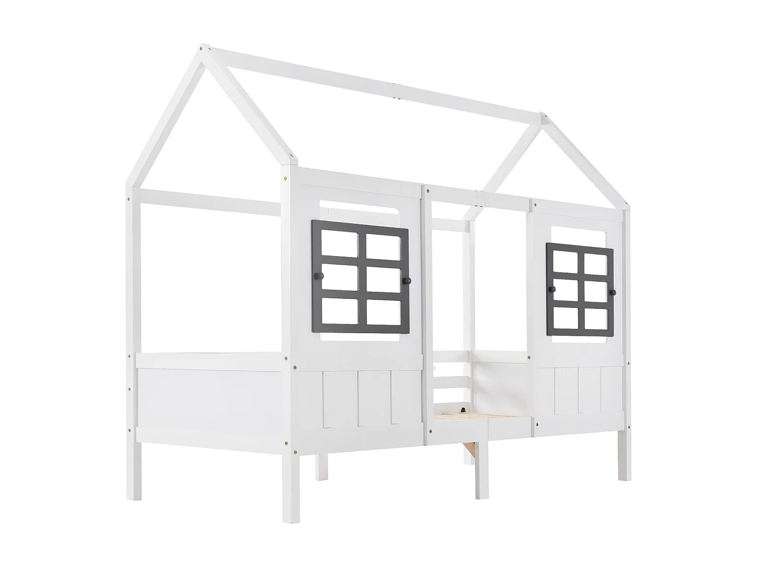 Cama de cabina de 90 x 200 cm - Cama de casa con estructura de pino, MDF, individual, diván con 2 ventanas - Cama infantil blanca