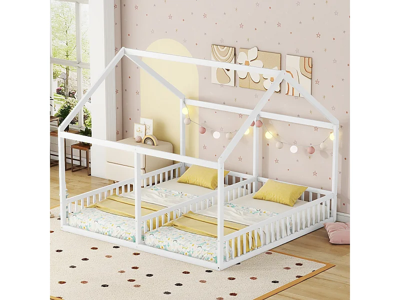 Lit cabane pour 2 enfants 90x200cm - lits plats modèles de maison lits 2 couchage 2 en 1 - blanc