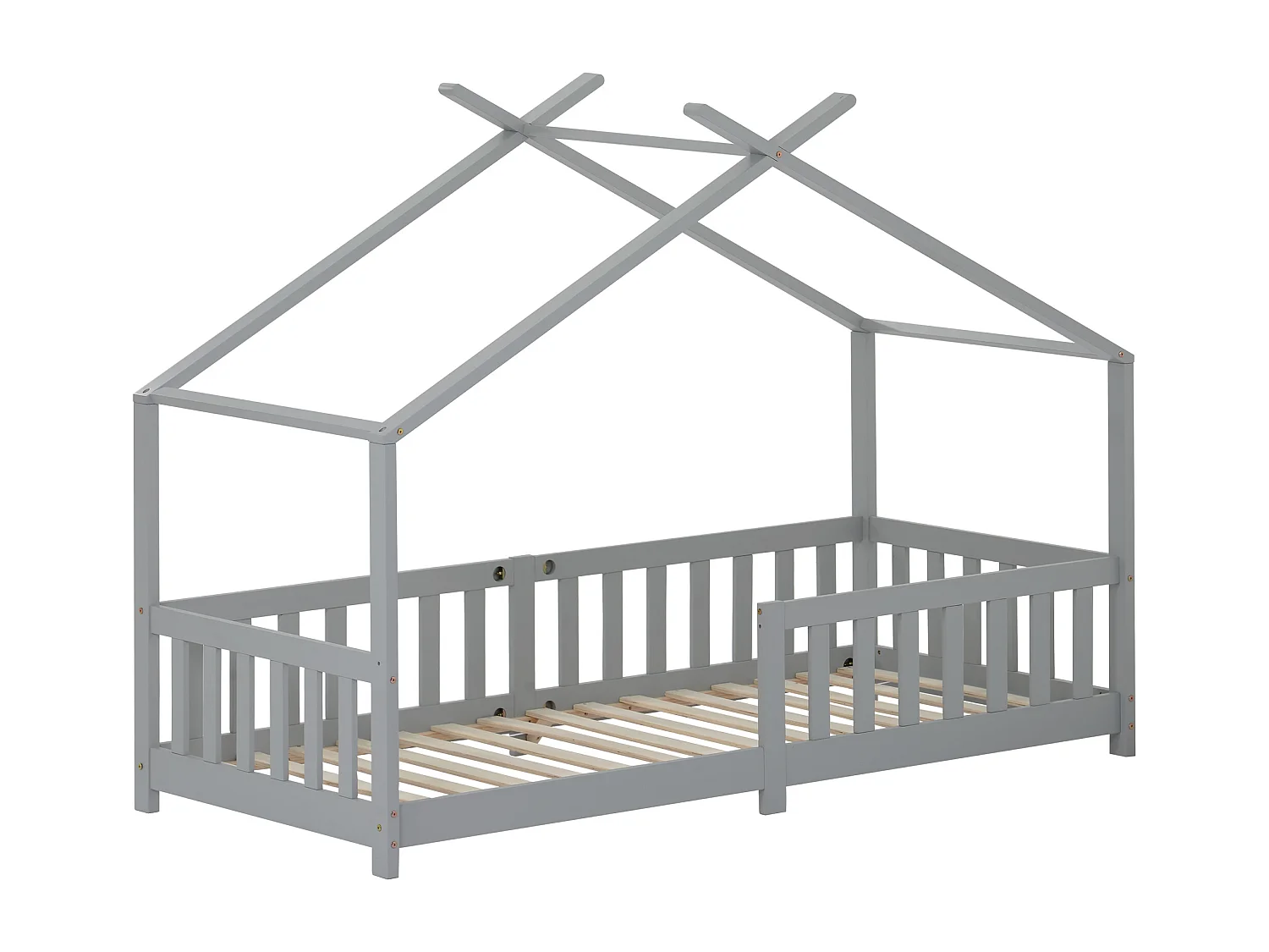 Lit cabane pour enfant, bois massif avec clôture et sommier à lattes, pour chambres d'enfants, gris (200x90cm)