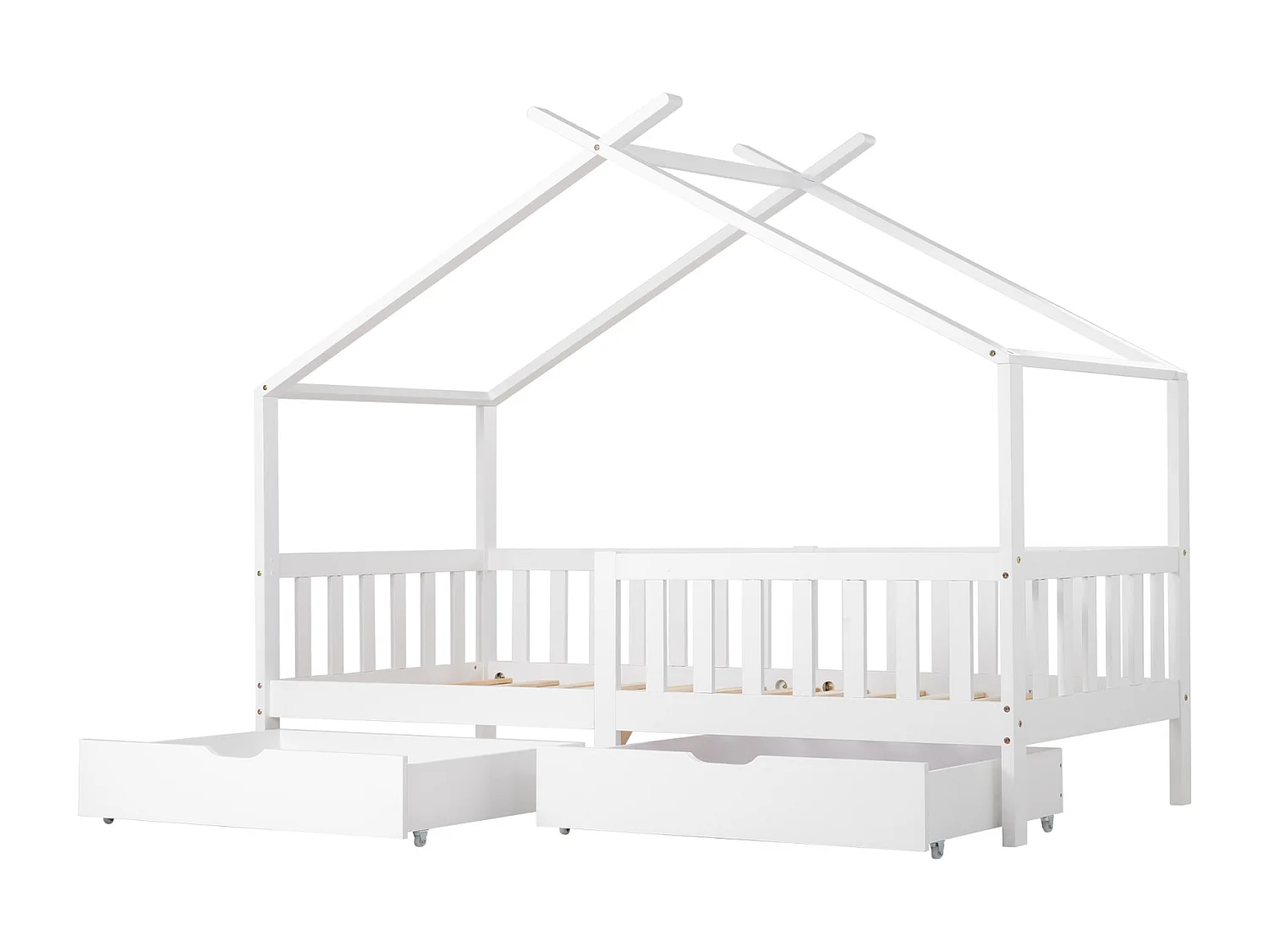 Lit Cabane Beau Lit de Maison Lit d'Enfant avec 2 Tiroirs Bois Massif avec Clôture et Sommier avec Sécurité Anti-Chute Blanc (200x90 cm)