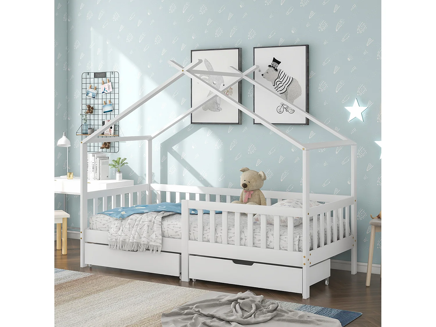 Lit Cabane Beau Lit de Maison Lit d'Enfant avec 2 Tiroirs Bois Massif avec Clôture et Sommier avec Sécurité Anti-Chute Blanc (200x90 cm)