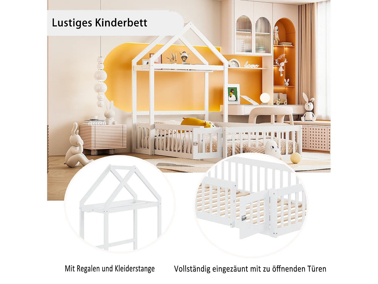 Kajuitbed 90x200cm, massief houten frame met opbergruimte, volledige veiligheidsbarrière en deuren en bedbodem inbegrepen, wit