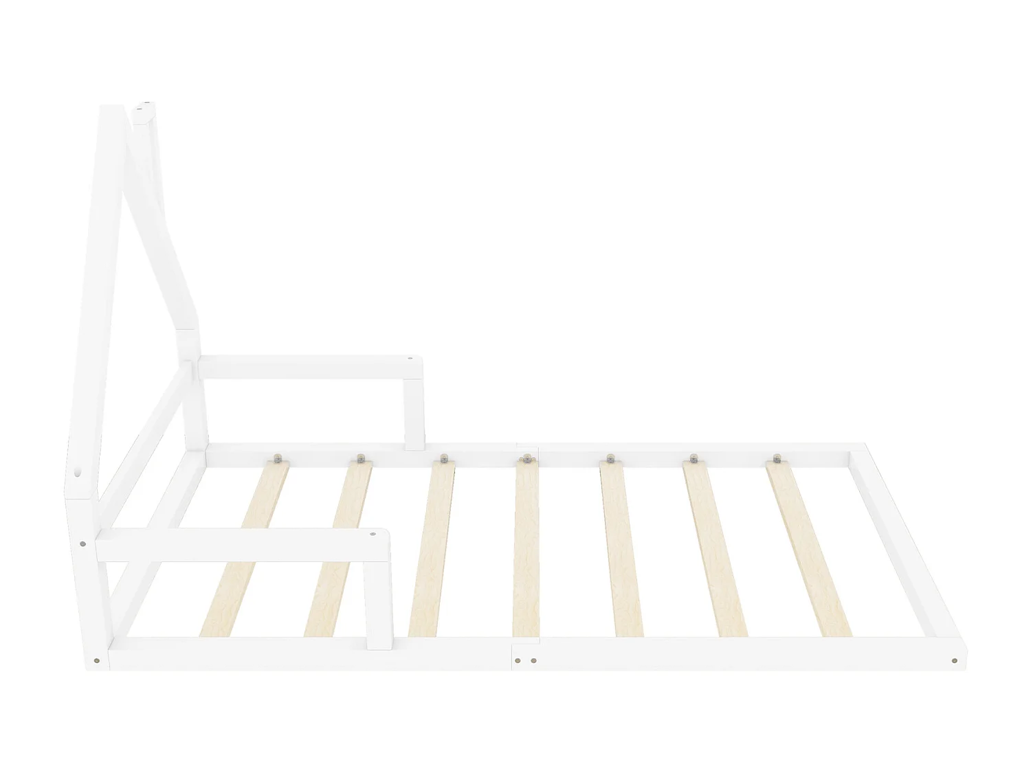 Camarote 90x200cm, cama infantil plana en forma de casa con somier de láminas, en pino macizo, color blanco