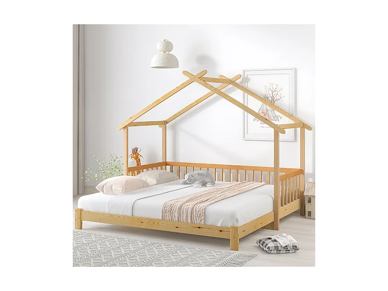 Lit Cabane Extensible Lit de Maison Lit d'Enfant Lit de Jour Lit Simple et Souble Bois Massif Pur Naturel (200x90cm)