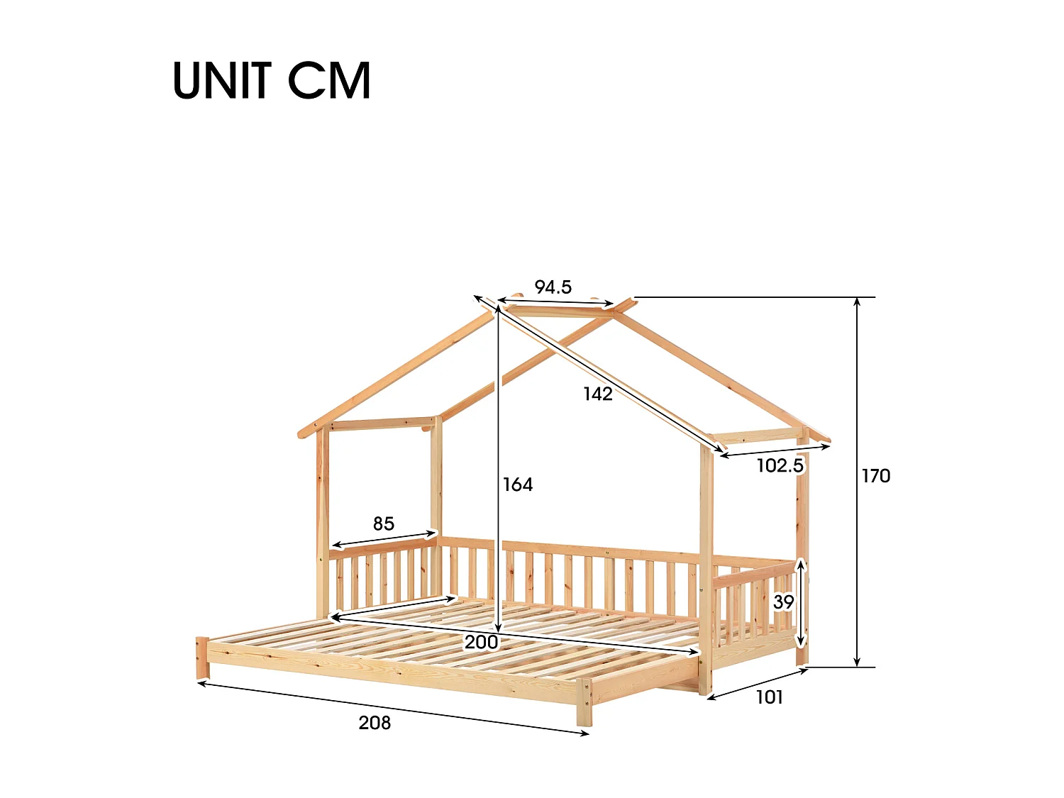Cama de cabine extensível, cama de casa, cama infantil, cama de dia, cama de solteiro e macia, madeira maciça natural pura (200x90cm)