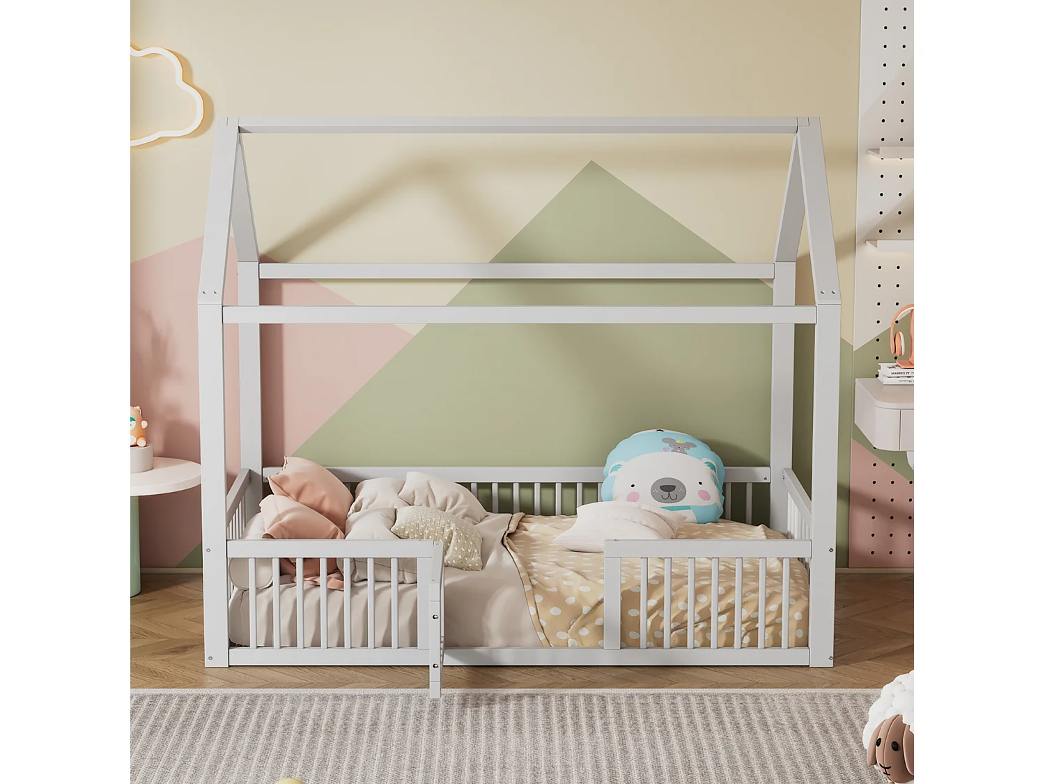 Lit cabane d'enfant 90x200cm, lit en bois massif, lit plat, avec sommier à lattes, barrière de lit avec porte, blanc