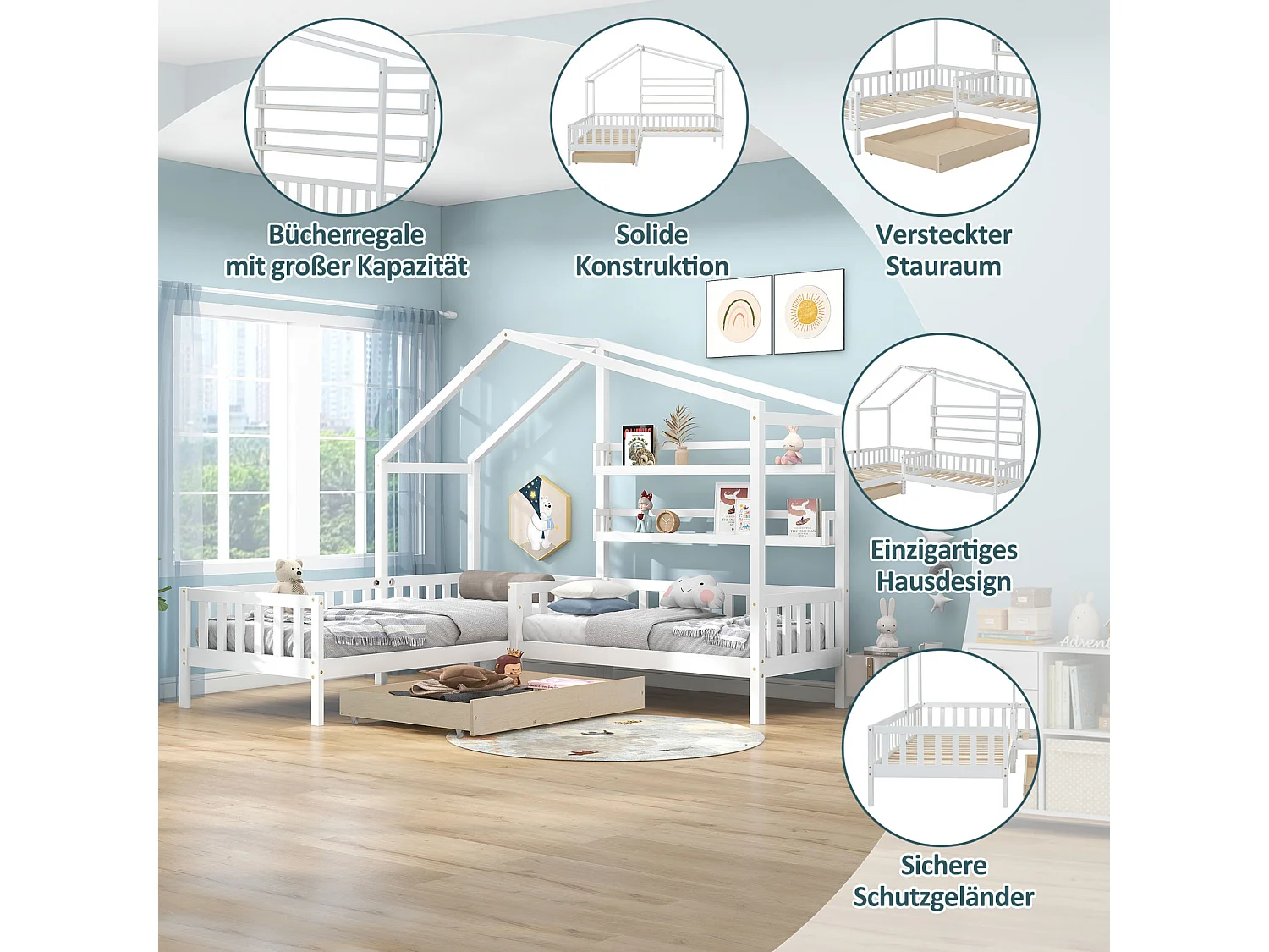 Cama infantil cabina 90x200cm + 70x140cm - con cajones, estantes, somier de láminas, estructura en L, pino - Blanco